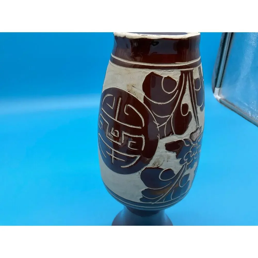 Vintage Brown Ceramic Vase‎ Handcrafted Floral Design 11